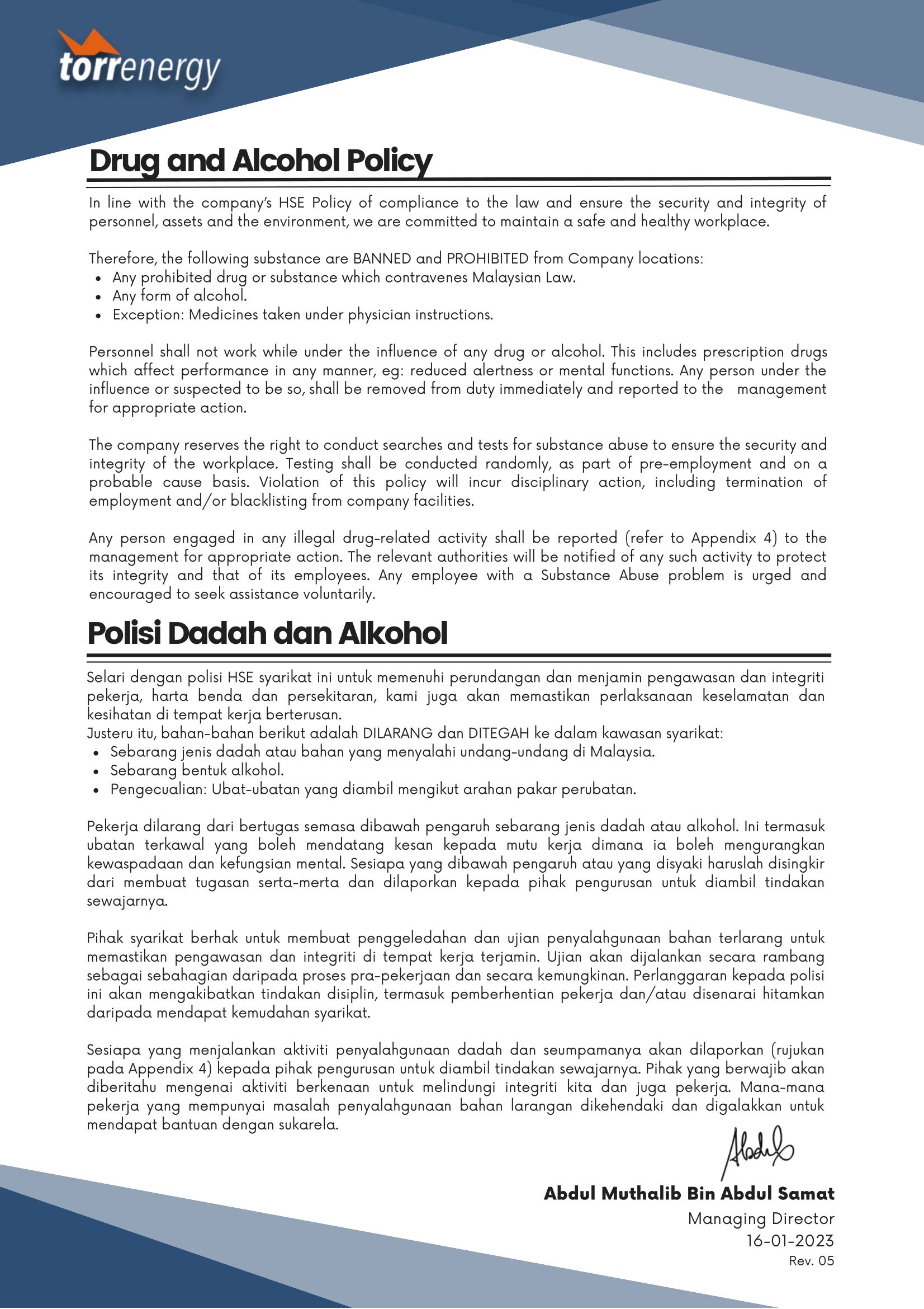 Drug And Alcohol Policy
